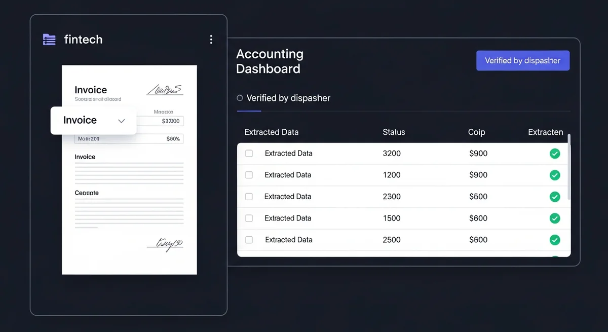 Ukázka rozhraní dispečinku Datarios — invoice s vytěženými daty a verifikačními checkmarky